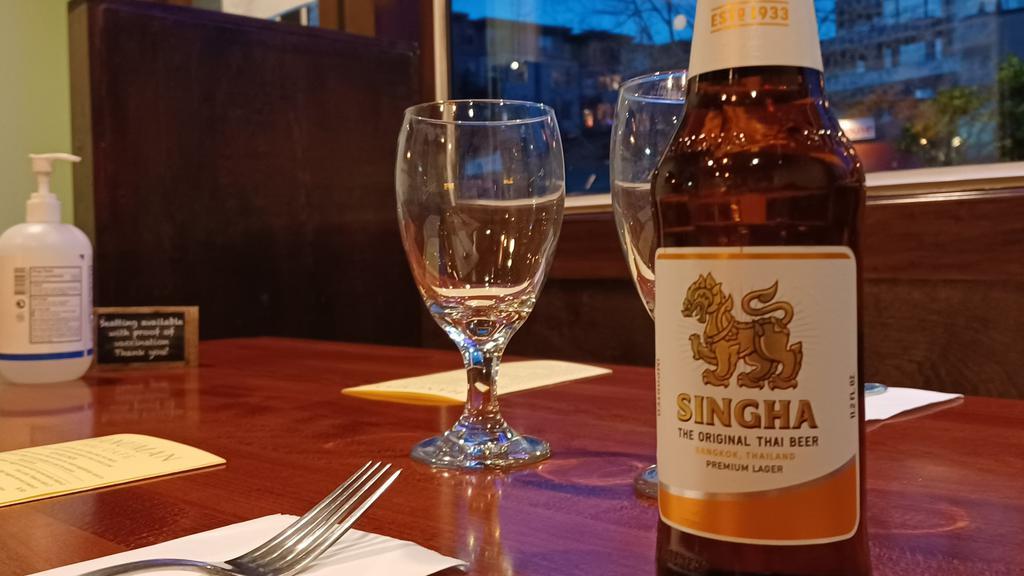 Singha · favored in Thailand for its golden body, it’s a refreshing blend of malted barley and noble hops from Europe, perfect for humid climates!!