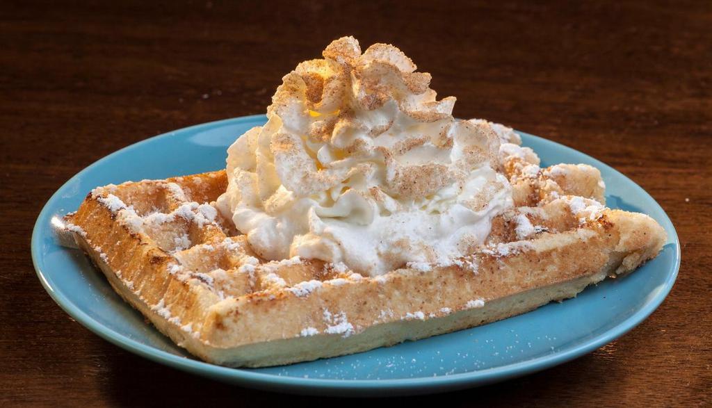 Full Monty · Waffle with all freebies (cinnamon sugar, powdered sugar, and whipped cream)