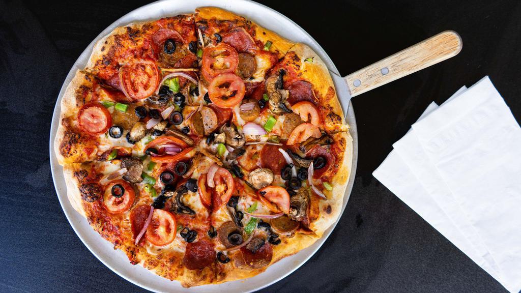 Supreme Special · Classic Marinara sauce, mozzarella, topped 
with pepperoni, italian sausage, tomatoes, red onion, green peppers, mushrooms, and black olives.