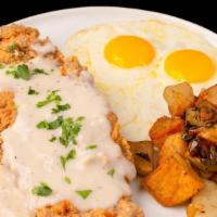 Cfny (Country Fried New York) · NY steak pounded, breaded, fried, Two eggs house country gravy, potato, and toast or grits.