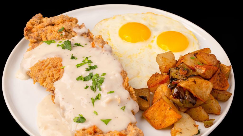 Cfny (Country Fried New York) · NY steak pounded, breaded, fried, Two eggs house country gravy, potato, and toast or grits.