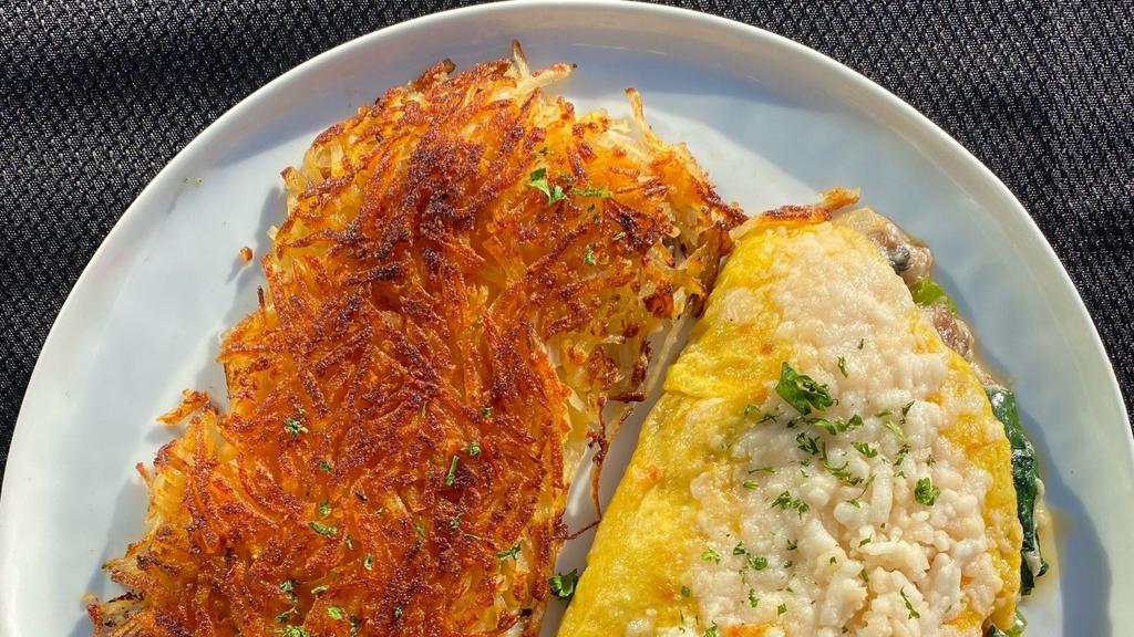 Vegan Omelet · Vegan. Plant based eggs (3) with plant based chicken or steak, spinach, onions, green peppers, mushrooms, vegan mozzarella toast with margarine, and jam. Includes choice of NY diner potatoes, shredded hashbrown, grits, and fries (no meat fryer) or fruit.