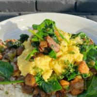 Vegan Breakfast Bowl · Vegan. Choice of plant based chicken or plant based steak with onions, green peppers,  mushr...