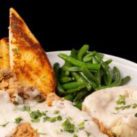 Cfny (Country Fried New York) · NY steak pounded, breaded, fried house  country gravy, garlic string beans, and choice of si...