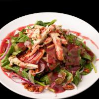 Chicken Raz Salad · Grilled chicken, romaine, spinach, tomatoes, candied pecans, crispy onions, and raspberry vi...