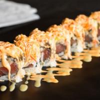 Orion Signature Roll (8) · Fatty tuna and tuna topped with eel, avocado, and spicy crabmeat.