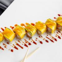 Mango Roll (8) · Shrimp tempura, spicy crab meat inside, topped with mango and avocado.