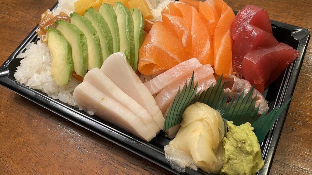Chirashi Bowl · Ten pieces variety sashimi and Japanese pickles on a bed of rice. Served with miso soup or green salad.