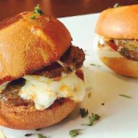 Meatball Sliders · Meatball and mozzarella with homemade marinara sauce.