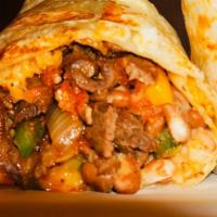 Burrito De Carne Asada / Grilled Beef Burrito · Ingredientes: Carne asada de Res, Queso Mozzarella, Pico de Gallo, Frijoles Refritos, Tater ...