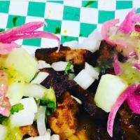 Taco Al Pastor / Marinated Pork Tacos · Ingredientes: Carne de Cerdo Asado, Piña, Cebolla, Cilantro y Salsa Mexicana. / Ingredients:...