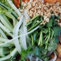 Fried Tofu Noodle Salad · Vermicelli Rice noodle salad with deep fried tofu, bean sprouts, lettuce, carrots, cucumbers...