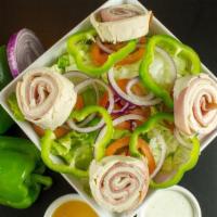 Chef'S Salad · Lettuce, tomato, onions, green peppers, ham, turkey, provolone.