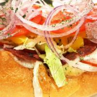 The Rebel · Sliced pepperoni, genoa salami, ham provolone cheese, lettuce, fresh tomato, red onion, bana...