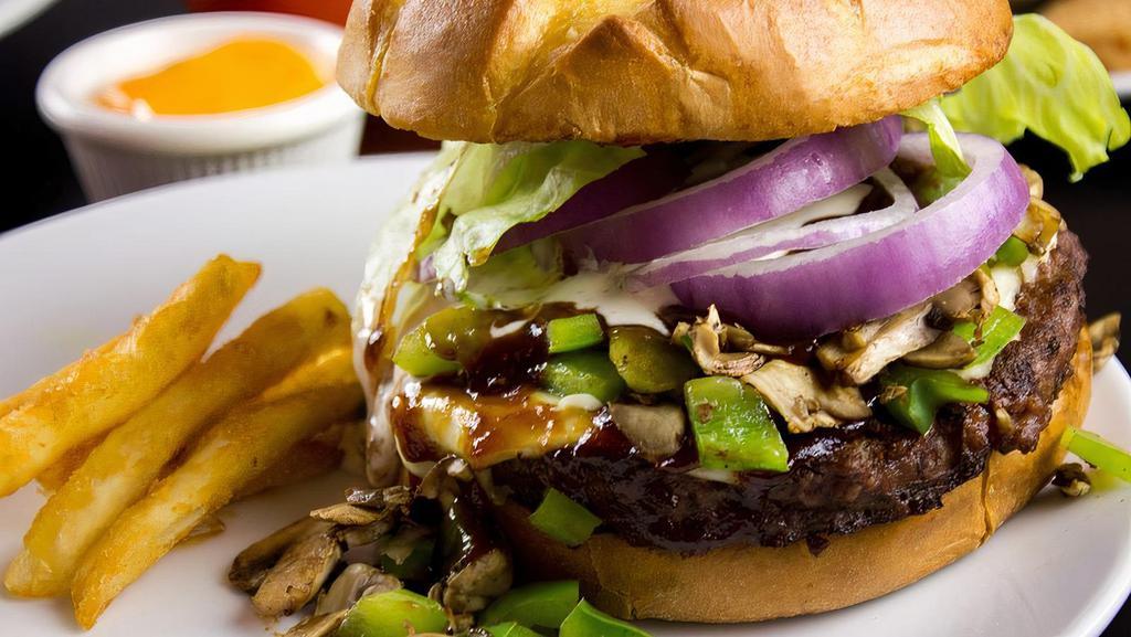 Verdi Texas Burger · Served with bbq sauce, ranch dressing, green peppers, mushrooms, lettuce, onion, american cheese.