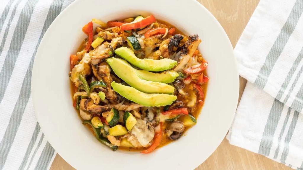 Arroz Con Pollo · Grilled chicken, mushrooms, peppers, zucchini, jack cheese (not served with beans).