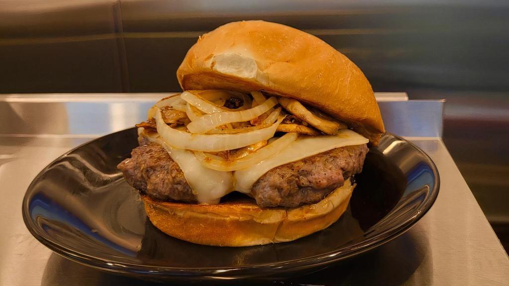 Thursday Burger · Favorite. 1/2 pound freshly made Angus beef patty, griddle seared in teriyaki sauce, cooked medium, and topped with white cheese, mushrooms, and grilled onion. Served on a warm buttered bun.