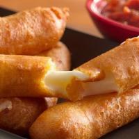 Battered Mozzarella Sticks · Crispy battered shell surrounding a core of deliciously gooey and stretchy mozzarella cheese...