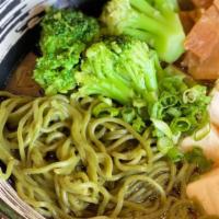 Vegan Shoyu Ramen · Vegetable broth flavored with vegetarian shoyu base. Served with kale noodles, soft tofu, ba...