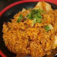 Chicken Kimchi Fried Rice · Stir-fried rice with kimchi, onion, green onion, egg and chopped chashu chicken.