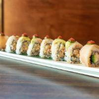 Yellowtail Lover Roll · Spicy yellowtail, cucumber top with yellowtail, avocado, and slices serrano pepper with ponz...