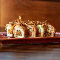 Crunch Albacore Roll · Spicy tuna, cucumber top with albacore, avocado, and crunch onion with eel sauce.