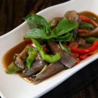 Spicy Eggplants · This dish combines Chinese eggplant with basil, garlic, black bean sauce, and bell peppers.
