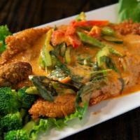 Crispy Trout Curry · Lightly panko breaded boneless trout and deep fried to a crispy golden. Topped with PA nang ...
