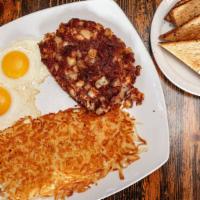 Corned Beef Hash & Eggs · Two eggs any style, toast and hashbrowns.
