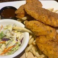Chicken Tenders (3) · Three boneless breast tender, breaded & golden fried. Served with
coleslaw and fries.