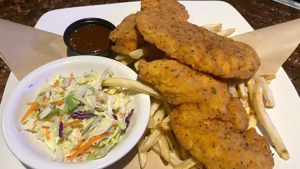 Chicken Tenders (3) · Three boneless breast tender, breaded & golden fried. Served with
coleslaw and fries.