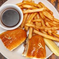 French Dip · Roast beef served on toasted french roll with horseradish dijon
mayo, Swiss cheese & au jus.
