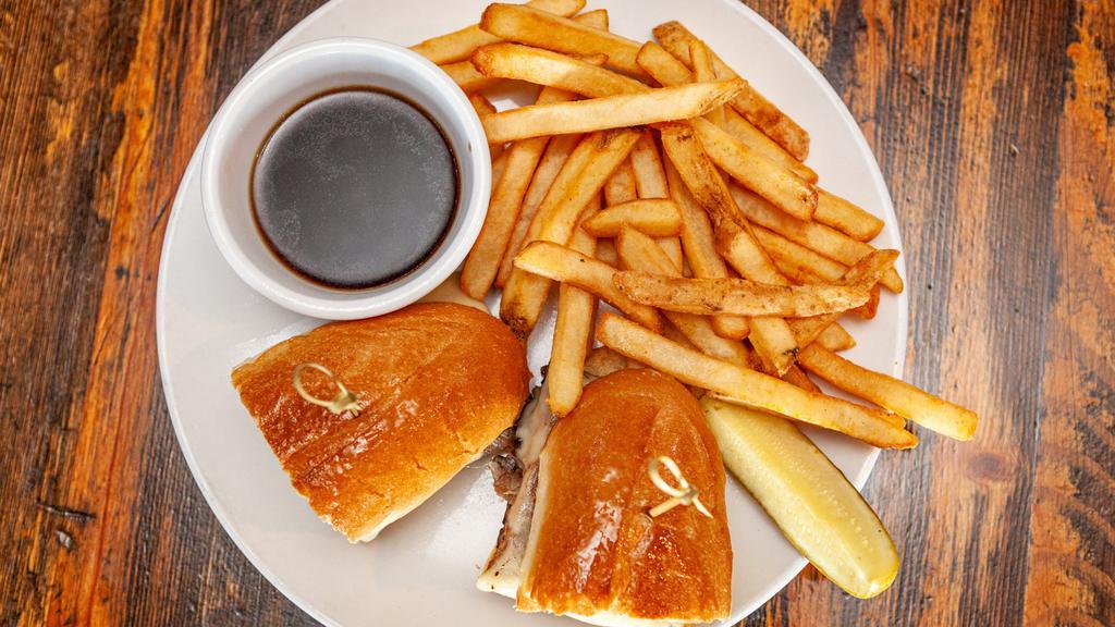 French Dip · Roast beef served on toasted french roll with horseradish dijon
mayo, Swiss cheese & au jus.