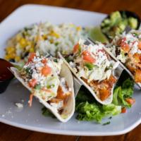 Northwest Fish Tacos · Three nw cod fish tacos with jalapeno ranch slaw, pico de gallo,
queso fresco, guacamole, sa...