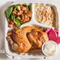 Quarter Chicken Plate · Quarter Bok Bok rotisserie chicken served with rice pilaf, our traditional garlic spread, an...