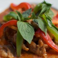 Red Curry · With coconut milk, bell peppers, basil leaves and bamboo shoots. Choice of jasmine or brown ...