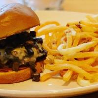 Mushroom & Swiss Burger · 1/3 lb patty, swiss cheese, sautéed mushroom, shredded lettuce, tomato, toasted brioche bun,...
