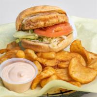 Bbq Burger · Comes well done with lettuce, tomato, pickle a hearty slice of bacon, and house made BBQ sau...