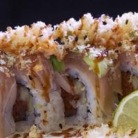 Bruce Lee Roll · Spicy tuna, cucumber, topped with albacore, avocado, shrimp tempura, jalapeno, spicy mayo, u...