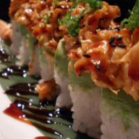 Sasquatch Roll · Jumbo shrimp tempura, cucumber topped with avocado, tempura soft shell crab, spicy mayo, una...