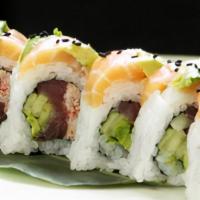 Sumo Roll · Tuna, snow crab, avocado, cucumber. topped with salmon and avocado.