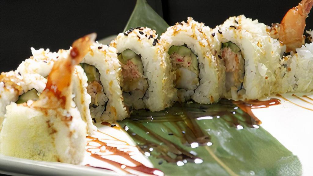 Crunch Roll · Jumbo shrimp tempura, snow crab, cucumber, avocado, covered with tempura flakes.