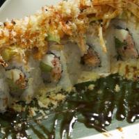 Dream Roll · Jumbo shrimp tempura, snow crab, albacore avocado. cream cheese, topped with spicy crab and ...
