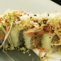 Samurai Roll · Shrimp, cucumber, spicy crab mix topped with tempura flakes.