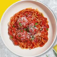 Meatball Night Pasta · Fresh spaghetti and homemade ground beef meatballs served with rossa (red) sauce, red pepper...