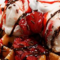 Strawberry Overload · Strawberry cheesecake ice cream, strawberries, chocolate sprinkles, strawberry syrup, and ch...