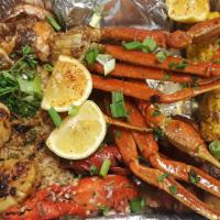 The Fisherman Seafood Boil · Feeds 1-2. Includes cluster of crab legs, large shrimp,  craw fish, chicken sausage, corn on...