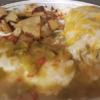 Sunrise Biscuits Special · Biscuits and gravy served with two eggs, hash browns, and green chile.