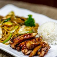 Chicken & Veggie Yakisoba · Served with one scoop of rice.