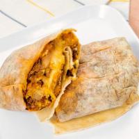 Burrito Chorizo · Soft flour tortilla filled with Mexican sausage mixed with scrambled eggs, topped with burri...